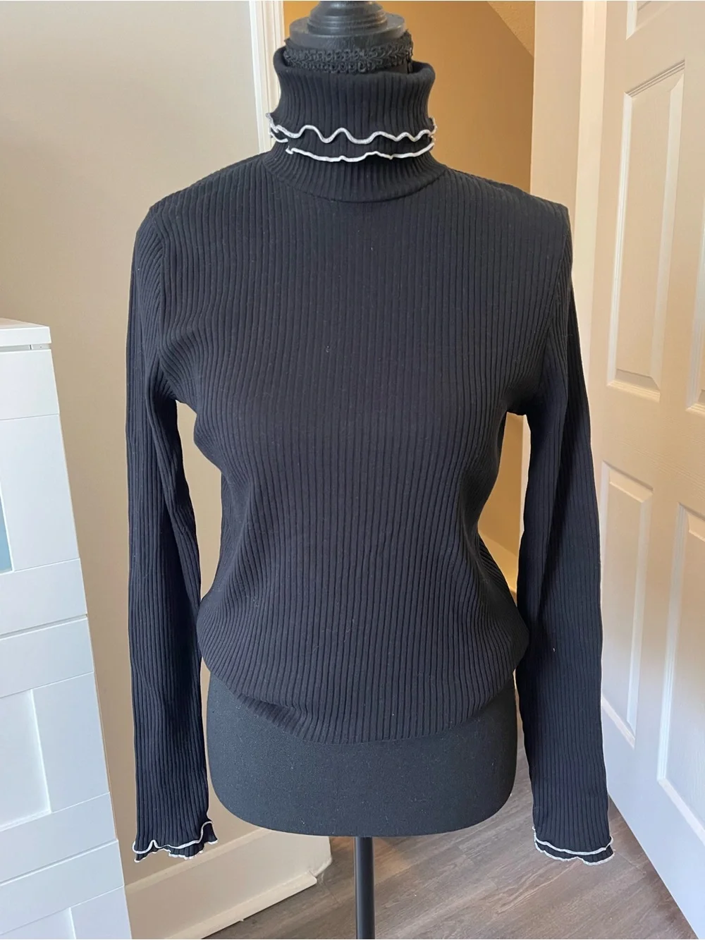 J. Crew Black Ribbed Mock Neck Sweater with Contrast Ruffle Trim